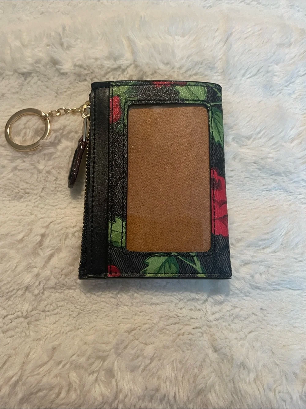 COACH ID Black Floral Card Case with Keyring